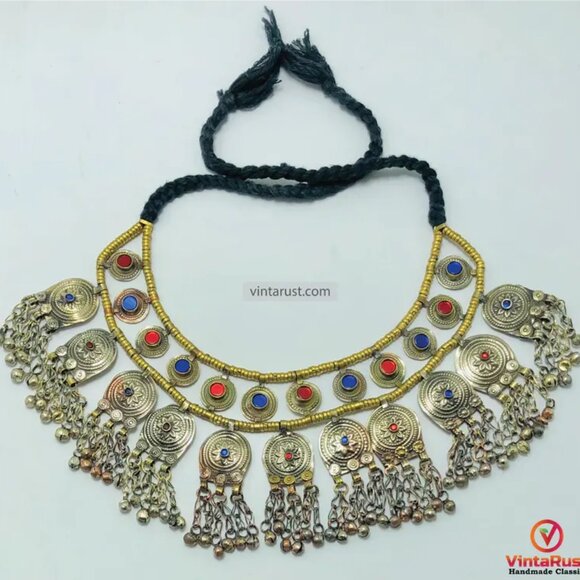 Gypsy Statement Necklace, Handmade Multi Layer Afghan Choker with Bells - Picture 4 of 10